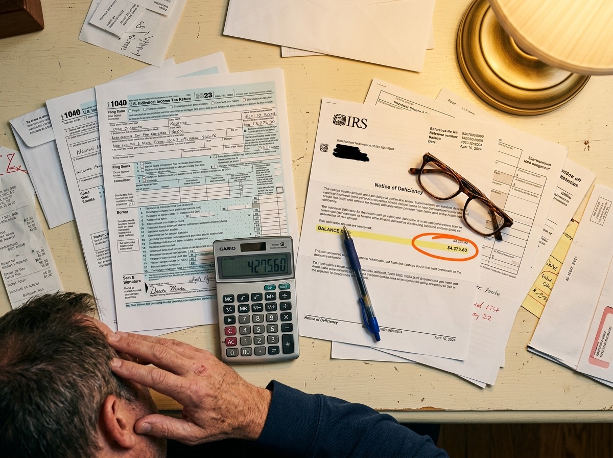 Retiree reviewing paperwork and worried about a market downturn