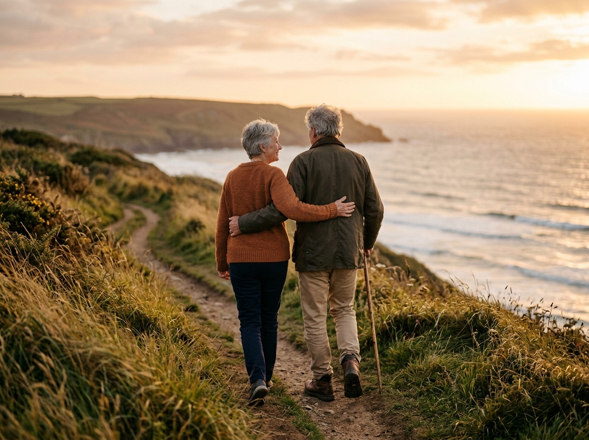 Older couple walking together beside the coast