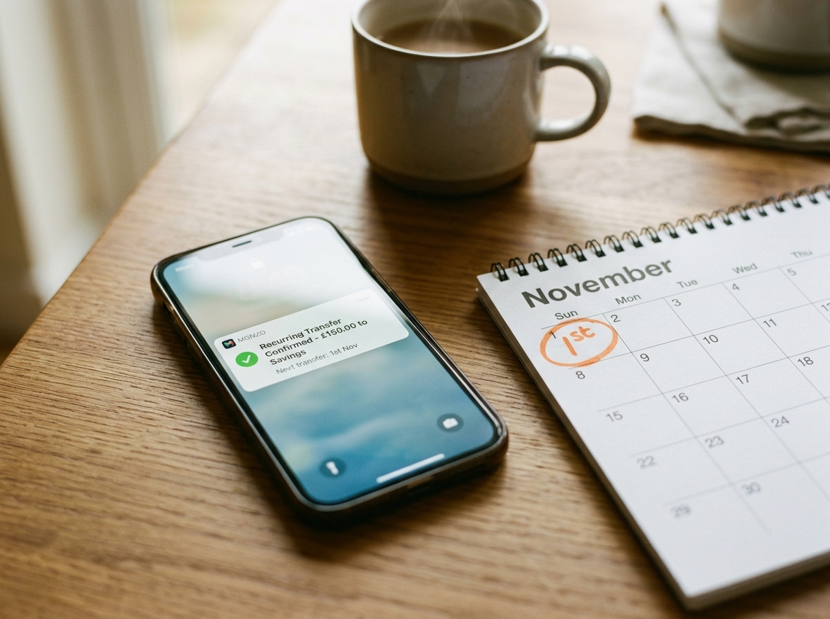 Phone showing a banking app beside retirement paperwork