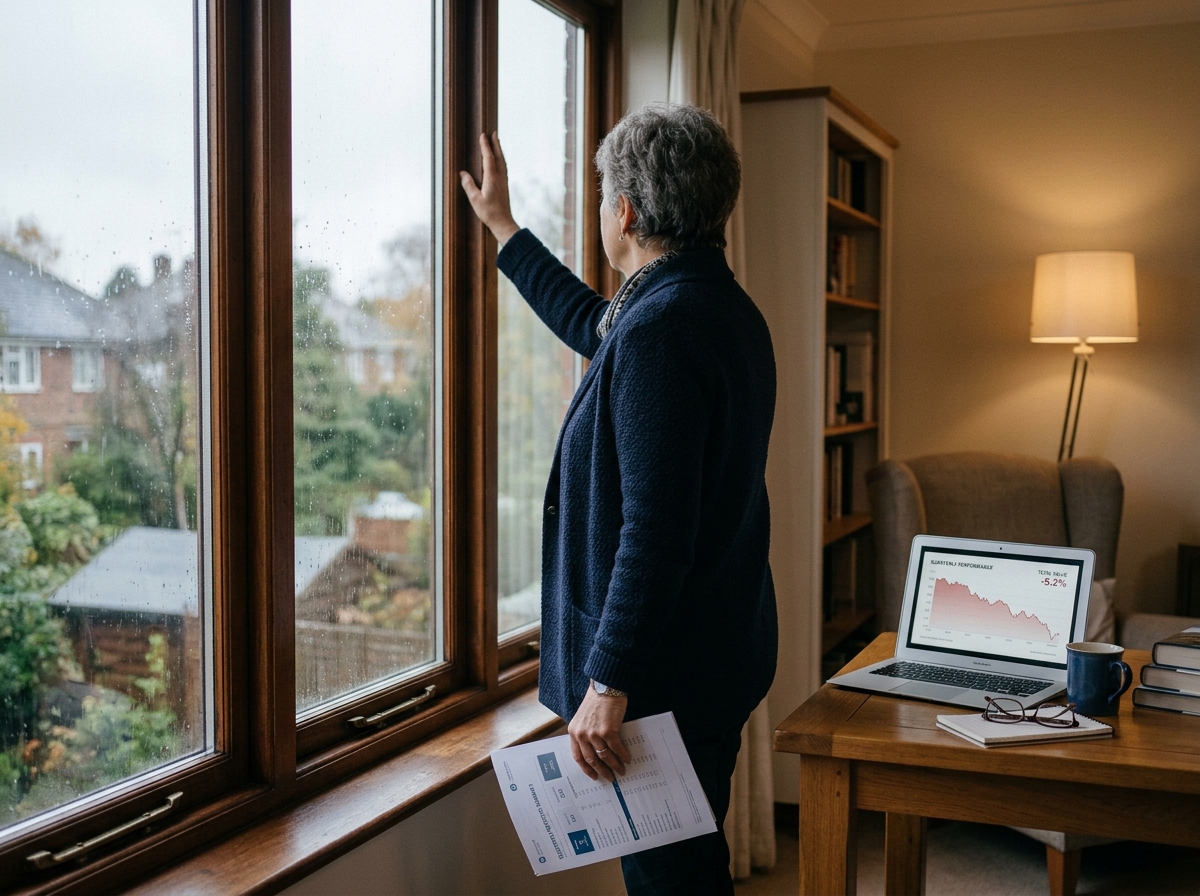 Retired woman looking outside and thinking about taxes