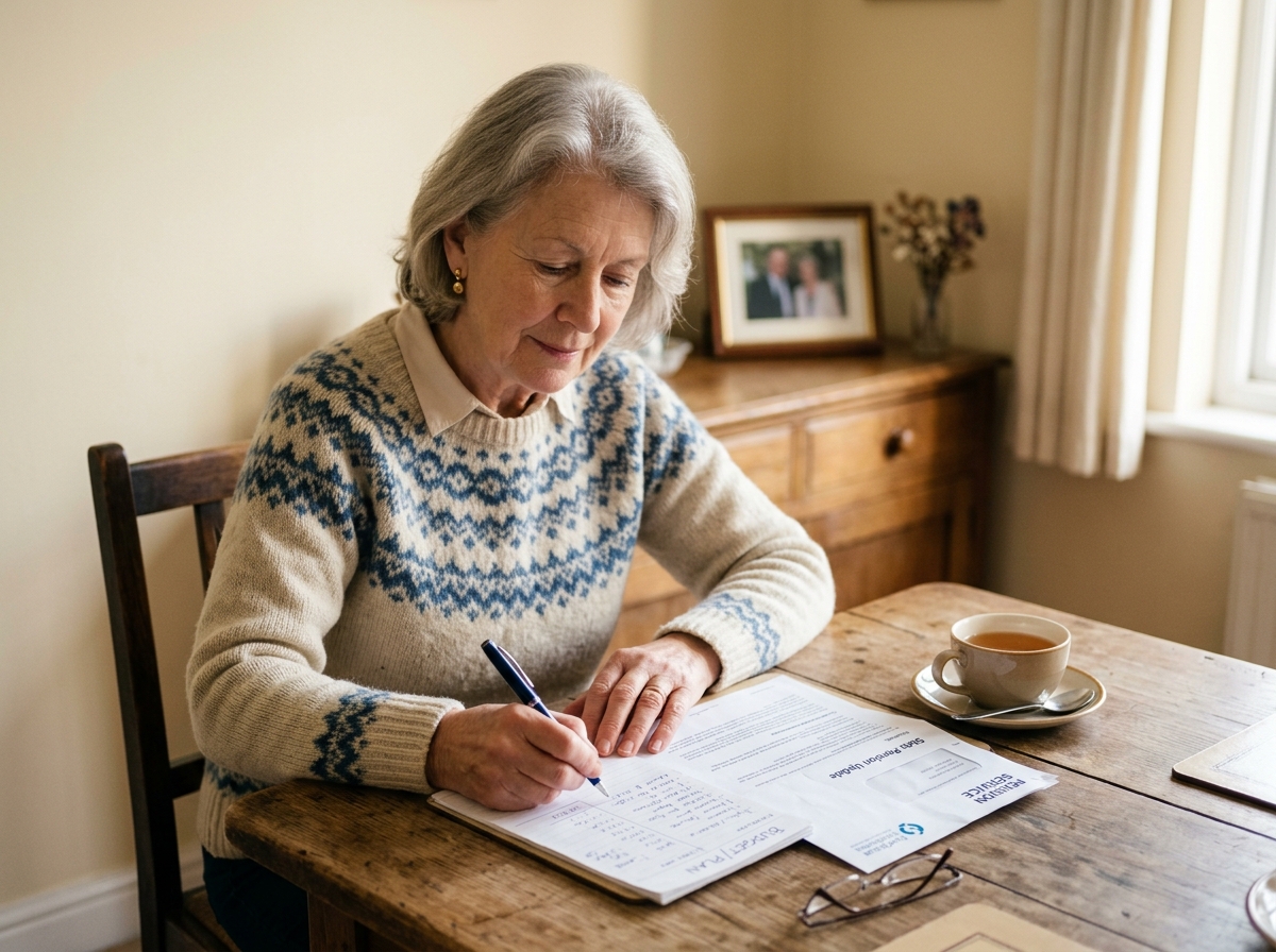 Woman reviewing retirement paperwork at a kitchen table